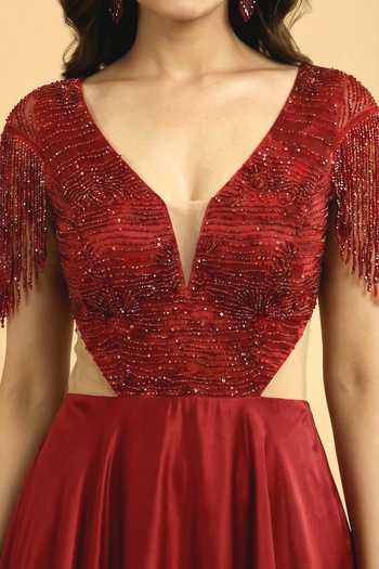 Shop_Ellemora Fashions_Maroon Satin Sequins, Beads, Fringe Plunge Neck Ruby Muse Sleeves Gown _Online_at_Aza_Fashions