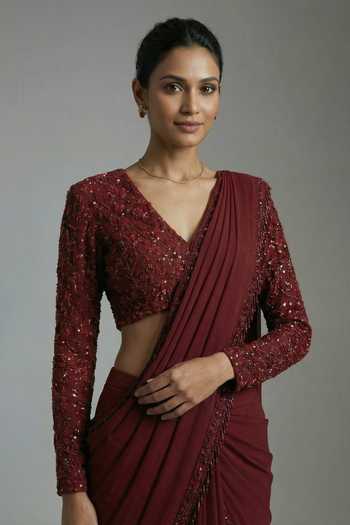 Shop_Ellemora Fashions_Maroon Crepe V-neck Crimson Grace Pre-draped Saree And Blouse Set _Online_at_Aza_Fashions