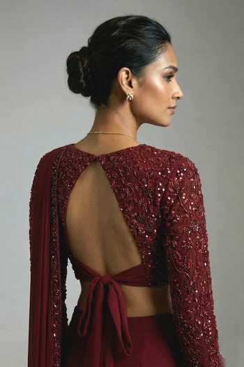 Ellemora Fashions_Maroon Crepe V-neck Crimson Grace Pre-draped Saree And Blouse Set _at_Aza_Fashions
