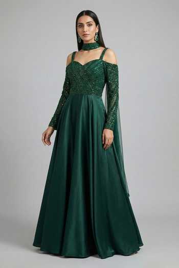 Buy_Ellemora Fashions_Emerald Green Satin Sequins, Beads Regal Jade Embroidered Gown And Stole Set _Online_at_Aza_Fashions