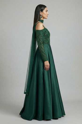 Shop_Ellemora Fashions_Emerald Green Satin Sequins, Beads Regal Jade Embroidered Gown And Stole Set _Online_at_Aza_Fashions