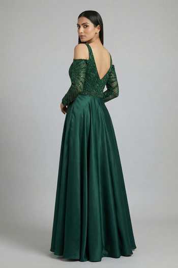Ellemora Fashions_Emerald Green Satin Sequins, Beads Regal Jade Embroidered Gown And Stole Set _at_Aza_Fashions