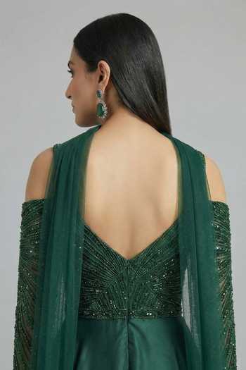 Buy_Ellemora Fashions_Emerald Green Satin Sequins, Beads Regal Jade Embroidered Gown And Stole Set 