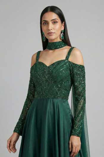 Shop_Ellemora Fashions_Emerald Green Satin Sequins, Beads Regal Jade Embroidered Gown And Stole Set 