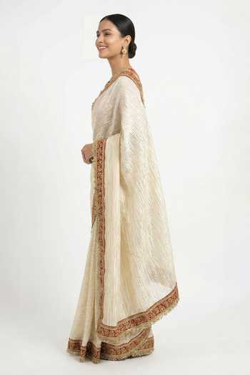 Buy_Ellemora Fashions_Red Satin, Tissue V-neck Royal Bengal Crushed Saree And Blouse Set _Online_at_Aza_Fashions