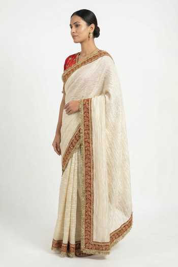 Shop_Ellemora Fashions_Red Satin, Tissue V-neck Royal Bengal Crushed Saree And Blouse Set _Online_at_Aza_Fashions
