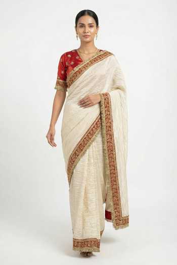 Ellemora Fashions_Red Satin, Tissue V-neck Royal Bengal Crushed Saree And Blouse Set _at_Aza_Fashions