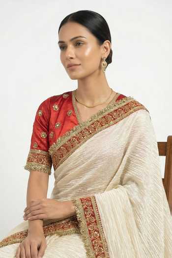 Buy_Ellemora Fashions_Red Satin, Tissue V-neck Royal Bengal Crushed Saree And Blouse Set 