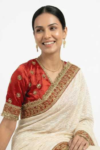 Shop_Ellemora Fashions_Red Satin, Tissue V-neck Royal Bengal Crushed Saree And Blouse Set 
