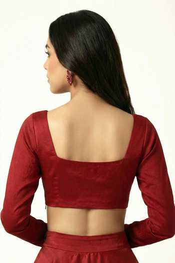 Buy_Ellemora Fashions_Maroon Satin Square Neck Lehenga And Blouse Set 