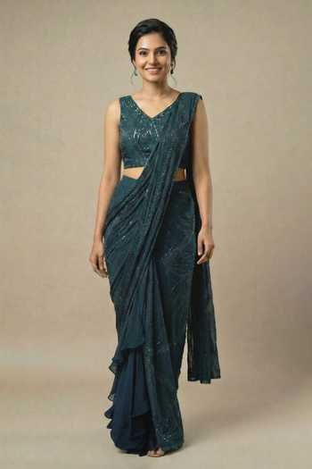 Ellemora Fashions Teal Sequin Work Saree & Blouse Set 