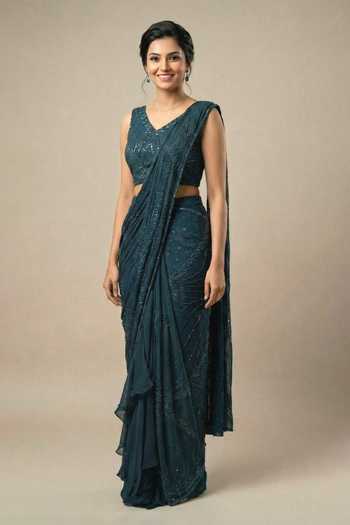 Shop Ellemora Fashions Teal Georgette V-neck Sequin Work Saree And Blouse Set Online at Aza Fashions Shop_Ellemora Fashions_Teal Georgette V-neck Sequin Work Saree And Blouse Set _Online_at_Aza_Fashions