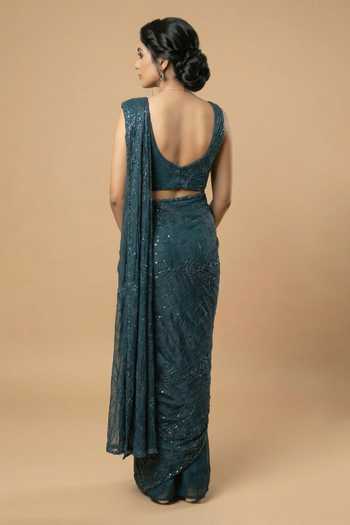 Ellemora Fashions Teal Sequin Work Saree & Blouse Set 
