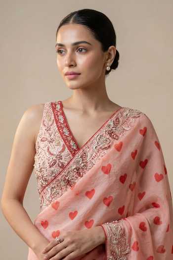 Shop_Ellemora Fashions_Pink Silk V-neck Embroidered Border Saree And Blouse Set _Online_at_Aza_Fashions