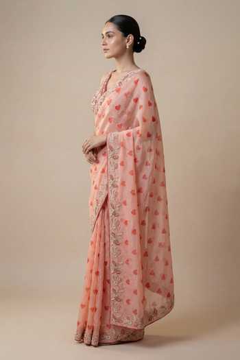 Ellemora Fashions_Pink Silk V-neck Embroidered Border Saree And Blouse Set _at_Aza_Fashions