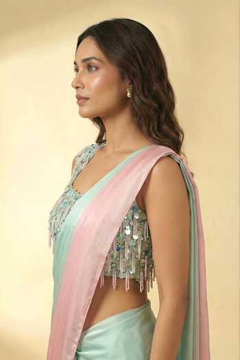 Buy Ellemora Fashions Green Crepe Scoop Neck Candy Crush Pre-draped Saree And Blouse Set Online at Aza Fashions Buy_Ellemora Fashions_Green Crepe Scoop Neck Candy Crush Pre-draped Saree And Blouse Set _Online_at_Aza_Fashions
