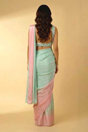 Ellemora Fashions Green Crepe Scoop Neck Candy Crush Pre-draped Saree And Blouse Set at Aza Fashions Ellemora Fashions_Green Crepe Scoop Neck Candy Crush Pre-draped Saree And Blouse Set _at_Aza_Fashions