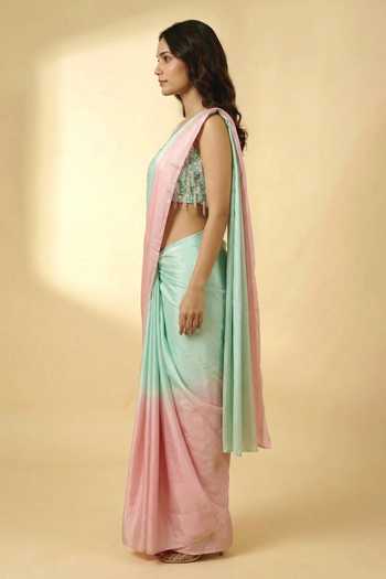 Shop Ellemora Fashions Green Crepe Scoop Neck Candy Crush Pre-draped Saree And Blouse Set Shop_Ellemora Fashions_Green Crepe Scoop Neck Candy Crush Pre-draped Saree And Blouse Set
