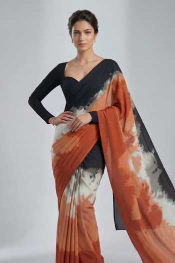 Buy_Ellemora Fashions_Black Crepe Sweetheart Neck Shadow And Sand Saree & Blouse _Online_at_Aza_Fashions