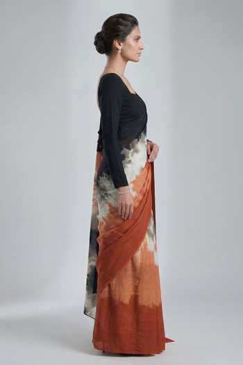 Shop_Ellemora Fashions_Black Crepe Sweetheart Neck Shadow And Sand Saree & Blouse _Online_at_Aza_Fashions
