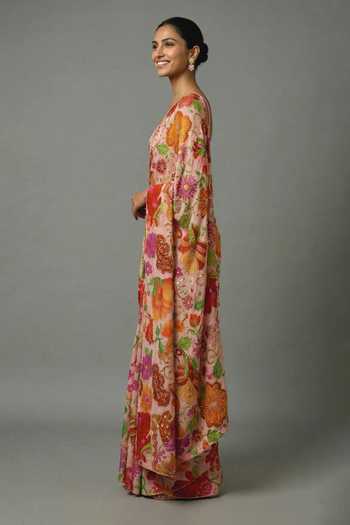 Buy_Ellemora Fashions_Pink Crepe V-neck Botanical Garden Print Saree And Blouse Set _Online_at_Aza_Fashions