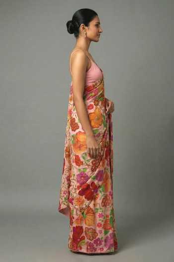 Shop_Ellemora Fashions_Pink Crepe V-neck Botanical Garden Print Saree And Blouse Set _Online_at_Aza_Fashions