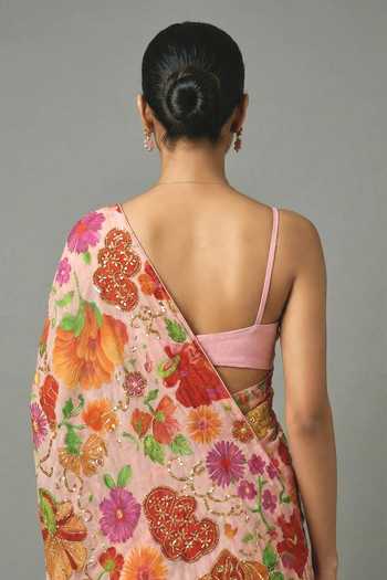 Ellemora Fashions_Pink Crepe V-neck Botanical Garden Print Saree And Blouse Set _at_Aza_Fashions