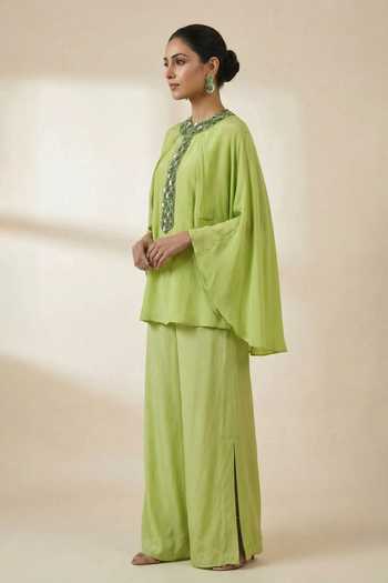 Shop_Ellemora Fashions_Lime Crepe Round Neck Mint Mist Top And Pant Set _Online_at_Aza_Fashions