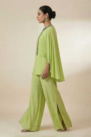 Buy_Ellemora Fashions_Lime Crepe Round Neck Mint Mist Top And Pant Set 