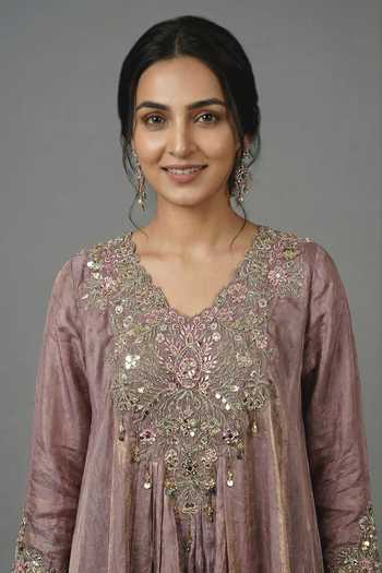 Shop_Ellemora Fashions_Mauve Silk V-neck The Sultana Embroidered Top And Skirt Set _Online_at_Aza_Fashions