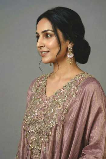 Ellemora Fashions_Mauve Silk V-neck The Sultana Embroidered Top And Skirt Set _at_Aza_Fashions