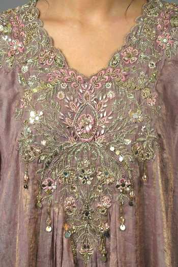 Buy_Ellemora Fashions_Mauve Silk V-neck The Sultana Embroidered Top And Skirt Set 