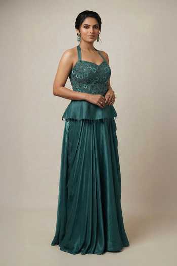 Buy Ellemora Fashions Teal Crepe Sweetheart Neck Twilight Peplum Top And Skirt Set Online at Aza Fashions Buy_Ellemora Fashions_Teal Crepe Sweetheart Neck Twilight Peplum Top And Skirt Set _Online_at_Aza_Fashions