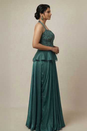 Shop Ellemora Fashions Teal Crepe Sweetheart Neck Twilight Peplum Top And Skirt Set Online at Aza Fashions Shop_Ellemora Fashions_Teal Crepe Sweetheart Neck Twilight Peplum Top And Skirt Set _Online_at_Aza_Fashions