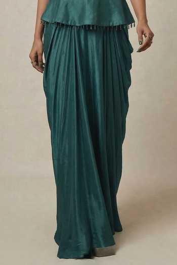 Buy Ellemora Fashions Teal Crepe Sweetheart Neck Twilight Peplum Top And Skirt Set Buy_Ellemora Fashions_Teal Crepe Sweetheart Neck Twilight Peplum Top And Skirt Set