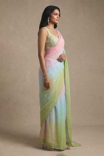 Shop Ellemora Fashions Green Silk Scoop Neck Pastel Prism Ombre Saree And Blouse Set Online at Aza Fashions Shop_Ellemora Fashions_Green Silk Scoop Neck Pastel Prism Ombre Saree And Blouse Set _Online_at_Aza_Fashions