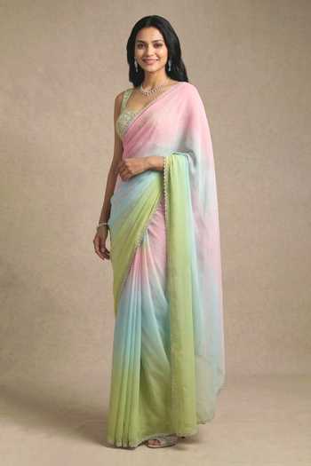 Ellemora Fashions Green Silk Scoop Neck Pastel Prism Ombre Saree And Blouse Set at Aza Fashions Ellemora Fashions_Green Silk Scoop Neck Pastel Prism Ombre Saree And Blouse Set _at_Aza_Fashions