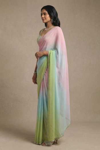 Buy Ellemora Fashions Green Silk Scoop Neck Pastel Prism Ombre Saree And Blouse Set Buy_Ellemora Fashions_Green Silk Scoop Neck Pastel Prism Ombre Saree And Blouse Set
