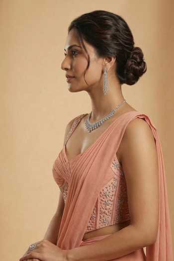 Buy Ellemora Fashions Peach Crepe Crystals Sweetheart Neck Grace Saree And Corset Set Buy_Ellemora Fashions_Peach Crepe Crystals Sweetheart Neck Grace Saree And Corset Set