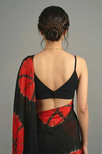 Shop Ellemora Fashions Black Crepe V-neck Crimson Storm Tie-dye Saree And Blouse Set Online at Aza Fashions Shop_Ellemora Fashions_Black Crepe V-neck Crimson Storm Tie-dye Saree And Blouse Set _Online_at_Aza_Fashions