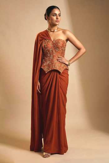 Ellemora Fashions Rust Royale Corset & Pre-Draped Saree Set 