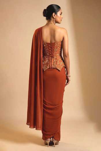 Ellemora Fashions Rust Royale Corset & Pre-Draped Saree Set 
