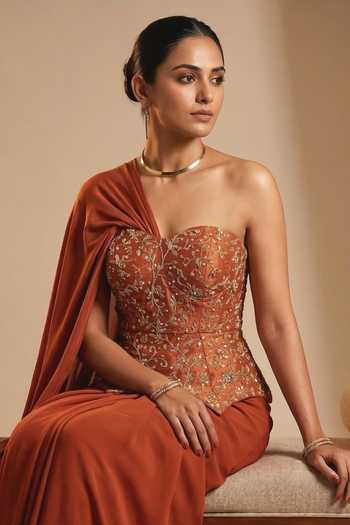 Ellemora Fashions_Rust Crepe Zari Sweetheart Neck Royale Corset And Pre-draped Saree Set _at_Aza_Fashions