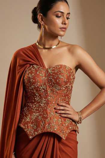 Buy_Ellemora Fashions_Rust Crepe Zari Sweetheart Neck Royale Corset And Pre-draped Saree Set 