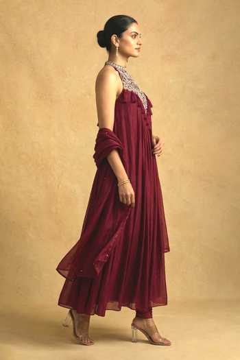 Shop Ellemora Fashions Burgundy Halter Neck The Empress Embroidered Anarkali Set Online at Aza Fashions Shop_Ellemora Fashions_Burgundy Halter Neck The Empress Embroidered Anarkali Set _Online_at_Aza_Fashions