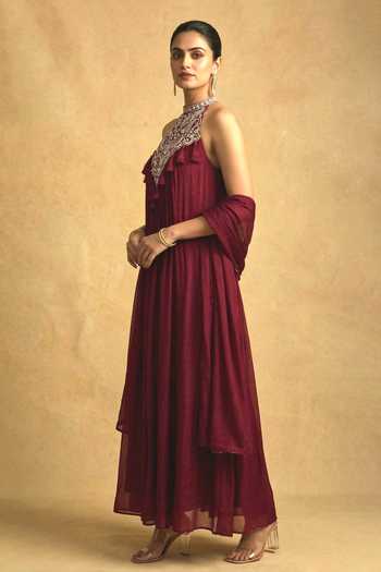 Ellemora Fashions Burgundy Halter Neck The Empress Embroidered Anarkali Set at Aza Fashions Ellemora Fashions_Burgundy Halter Neck The Empress Embroidered Anarkali Set _at_Aza_Fashions