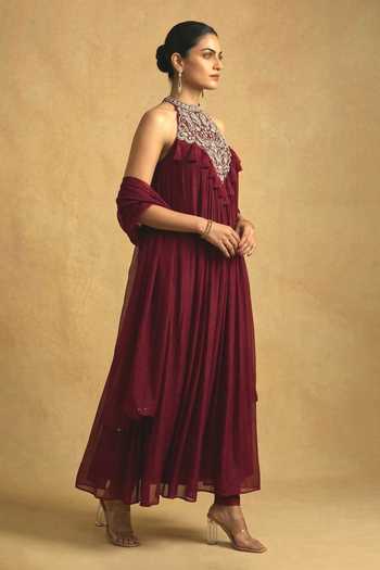 Buy Ellemora Fashions Burgundy Halter Neck The Empress Embroidered Anarkali Set Buy_Ellemora Fashions_Burgundy Halter Neck The Empress Embroidered Anarkali Set