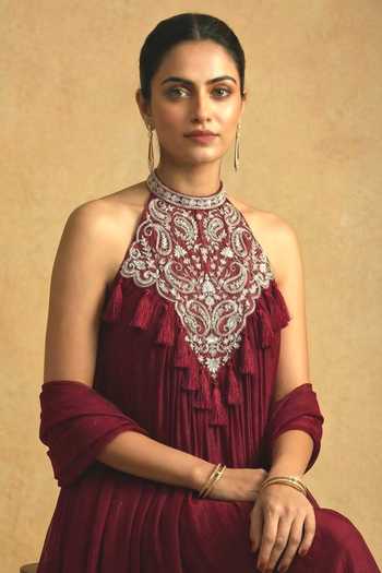 Shop Ellemora Fashions Burgundy Halter Neck The Empress Embroidered Anarkali Set Shop_Ellemora Fashions_Burgundy Halter Neck The Empress Embroidered Anarkali Set