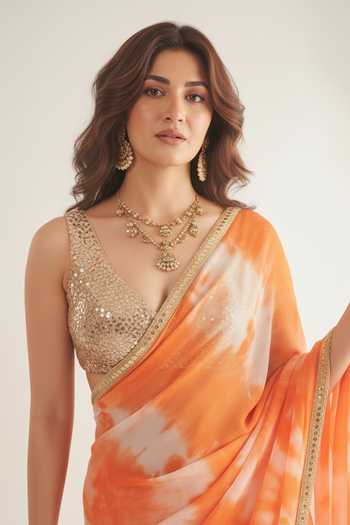 Buy Ellemora Fashions White Organza, Viscose V-neck The Saffron Skies Saree Set Online at Aza Fashions Buy_Ellemora Fashions_White Organza, Viscose V-neck The Saffron Skies Saree Set _Online_at_Aza_Fashions
