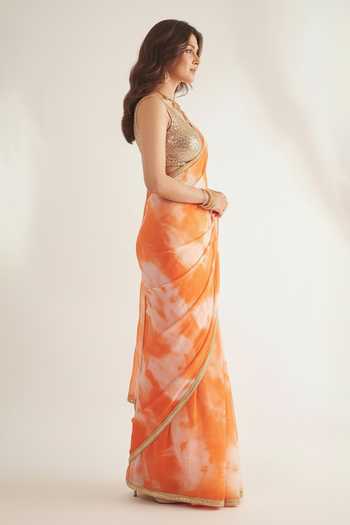 Shop Ellemora Fashions White Organza, Viscose V-neck The Saffron Skies Saree Set Online at Aza Fashions Shop_Ellemora Fashions_White Organza, Viscose V-neck The Saffron Skies Saree Set _Online_at_Aza_Fashions